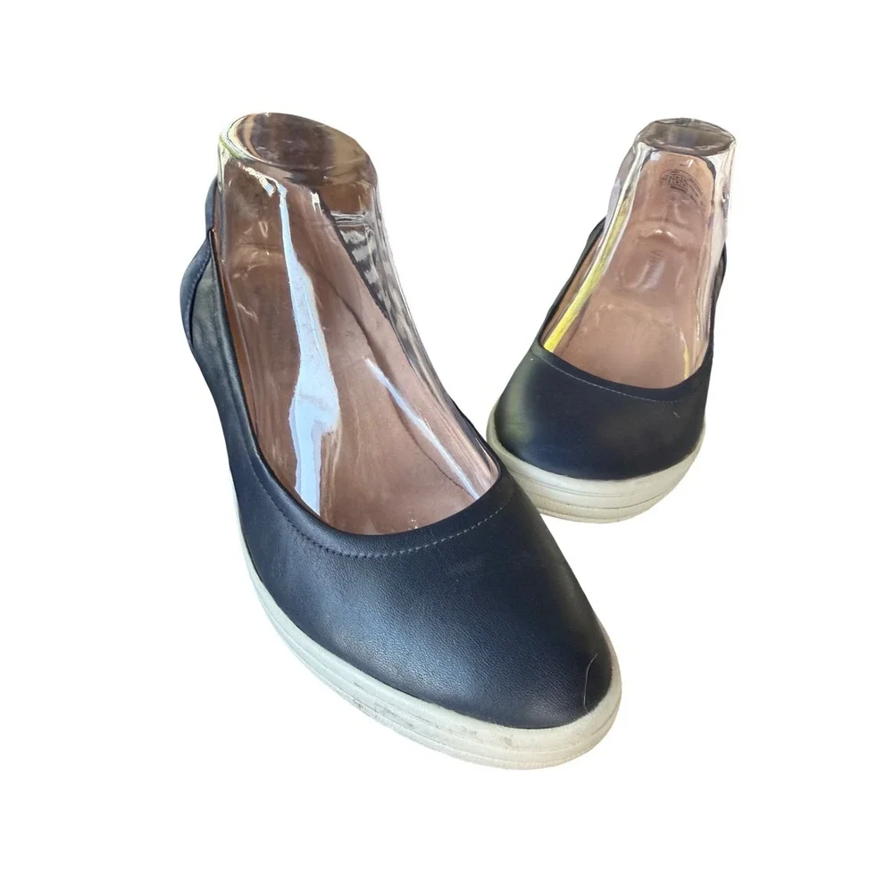 Vionic Jaycey Navy Blue Leather Slip‎ On wedge Orthotic Comfort Shoes pump Sz.7